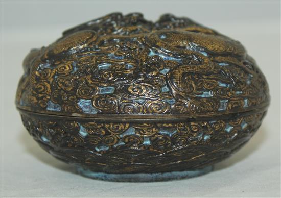 A Chinese gilt decorated robins egg glazed dragon seal paste box and cover, 7.7cm, damage